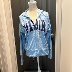Victoria's Secret PINK Light Blue Zip Hoodie with Navy Logo